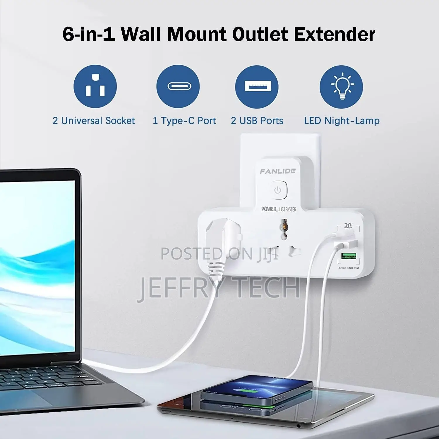 Wall Mount Power Strip With USB C, Multi Plug Adapter Outlet