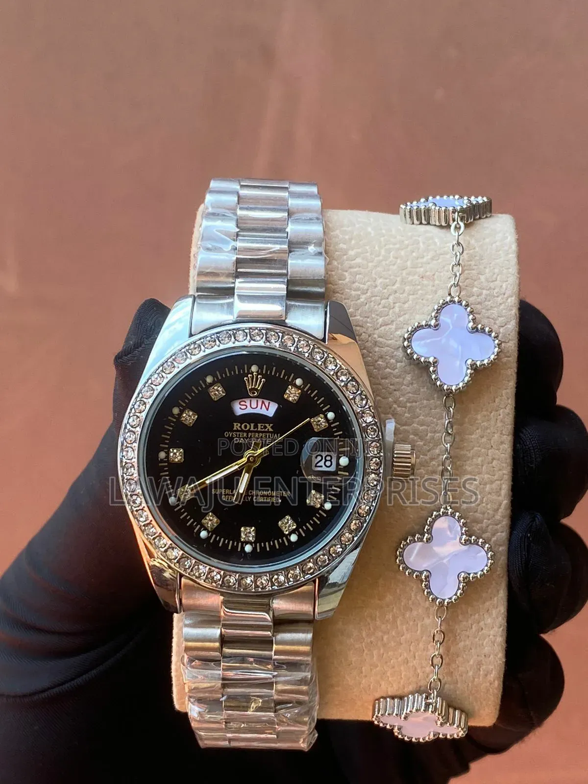 Silver Iced Rolex Watch and Bracelet