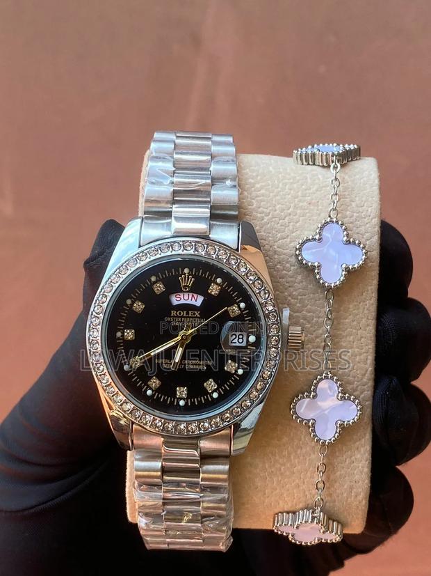 Silver Iced Rolex Watch and Bracelet - thumbnail 2
