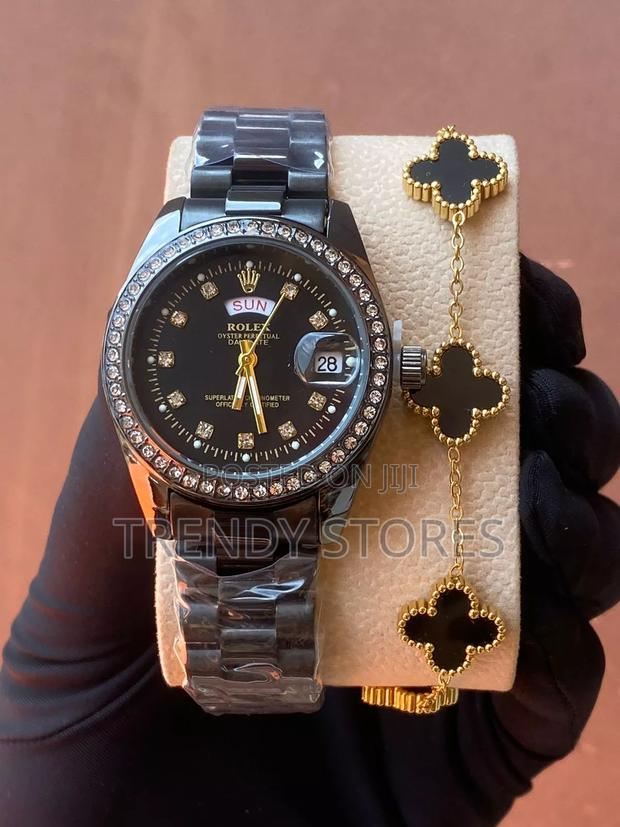 Iced Rolex Ladies Watch With Black Bracelet - main view