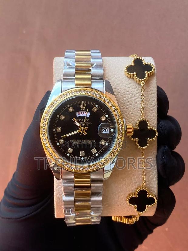 Iced Rolex Ladies Watch With Black Bracelet - thumbnail 3