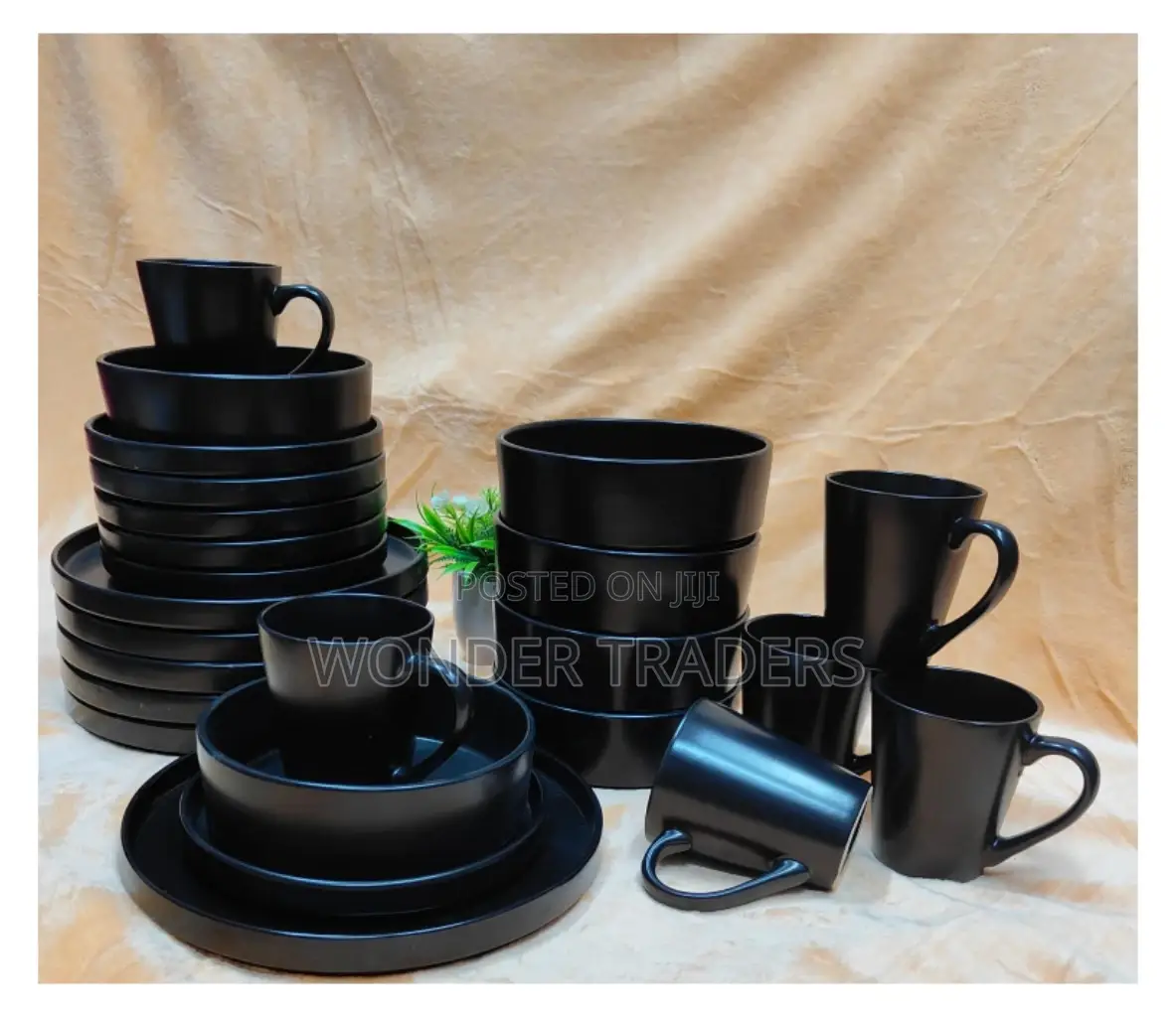 *24pc Black Ceramic Dinner Set With Gold Rims*