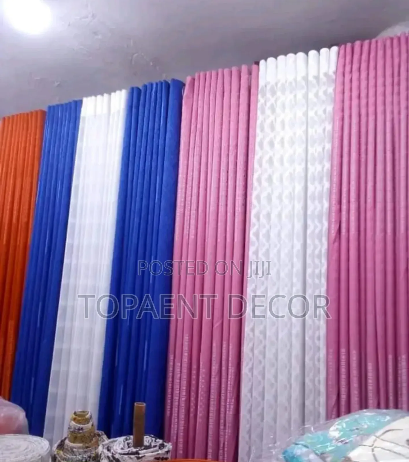 Pink and Blue Door Curtains and White Sheers