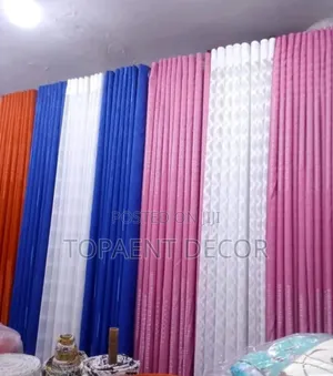 Pink and Blue Door Curtains and White Sheers