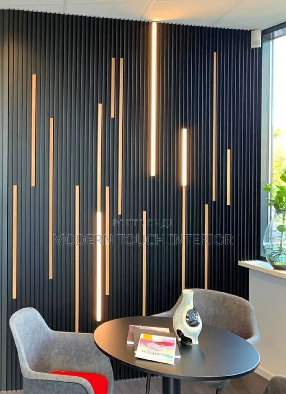 WPC Fluted Wallpanels- Grey Decorated With Gold Strip Panels