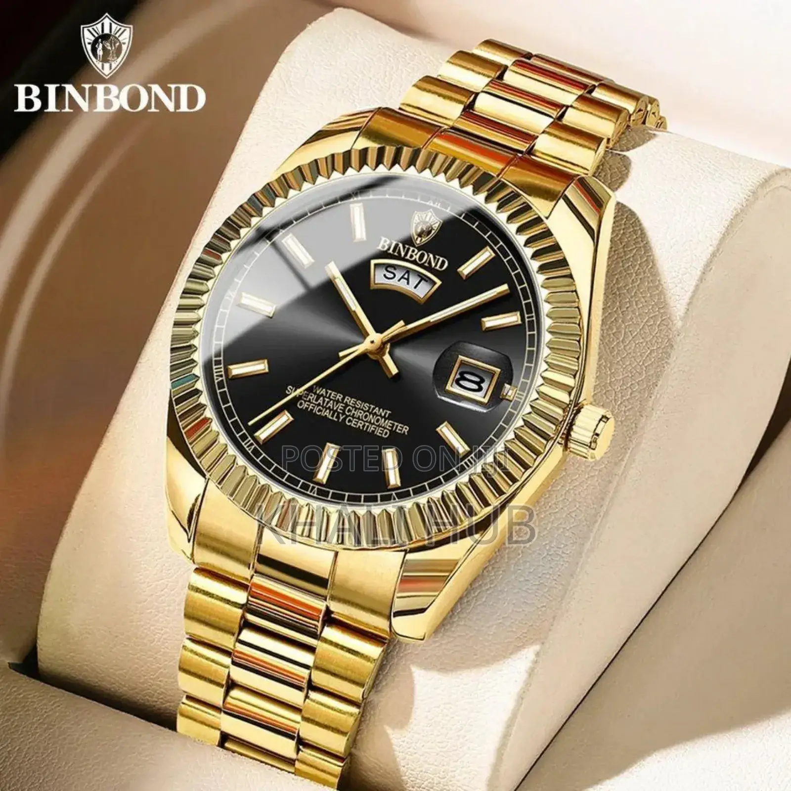 Binbond Day and Date Watch. Gold in Colour With Dark Inside