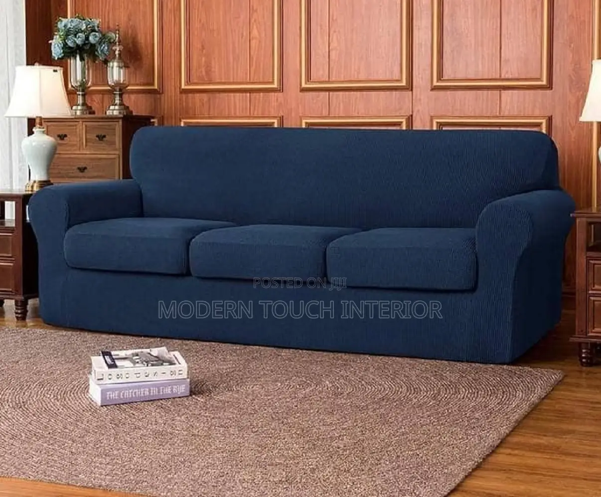 Navy Blue Plain Jacquared Sofa Cover