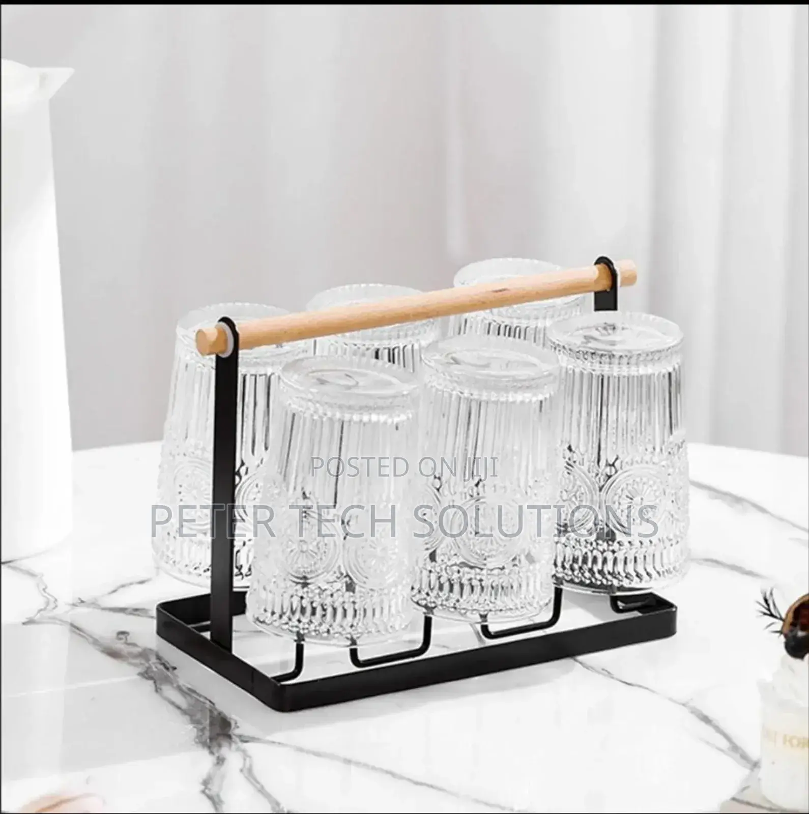 Metallic Glass/Cup Holder. Metal+Bamboo With Draining Tray
