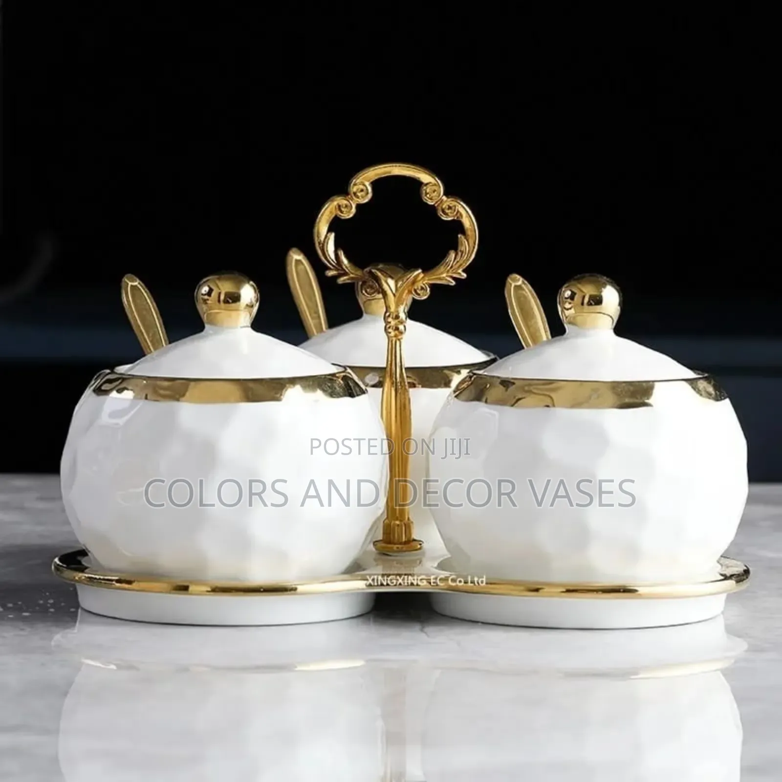 3pc Ceramic Canister Set +Tray and Spoons