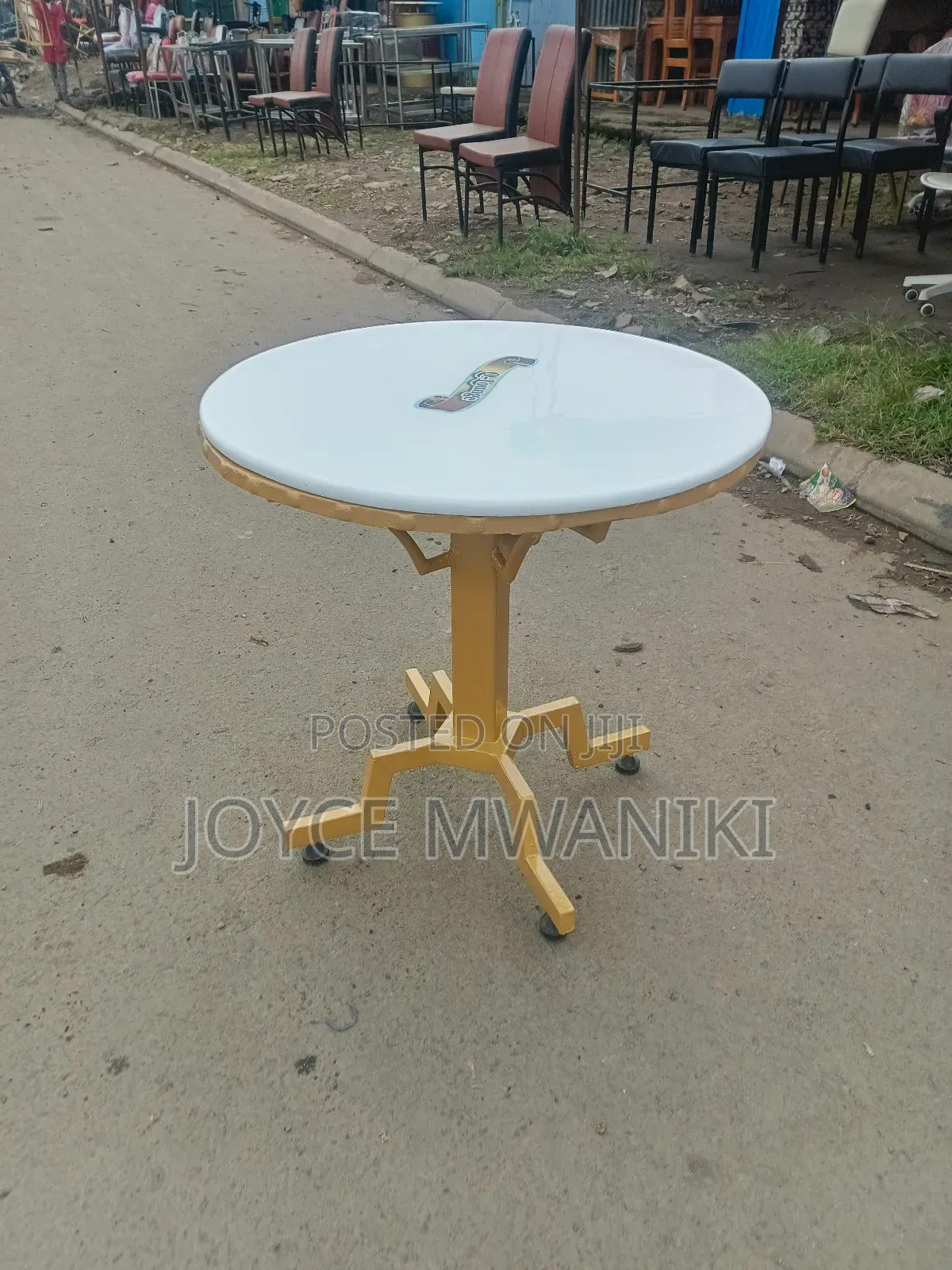 Powder Coated Round Restaurant Table With Logo, White, Gold.
