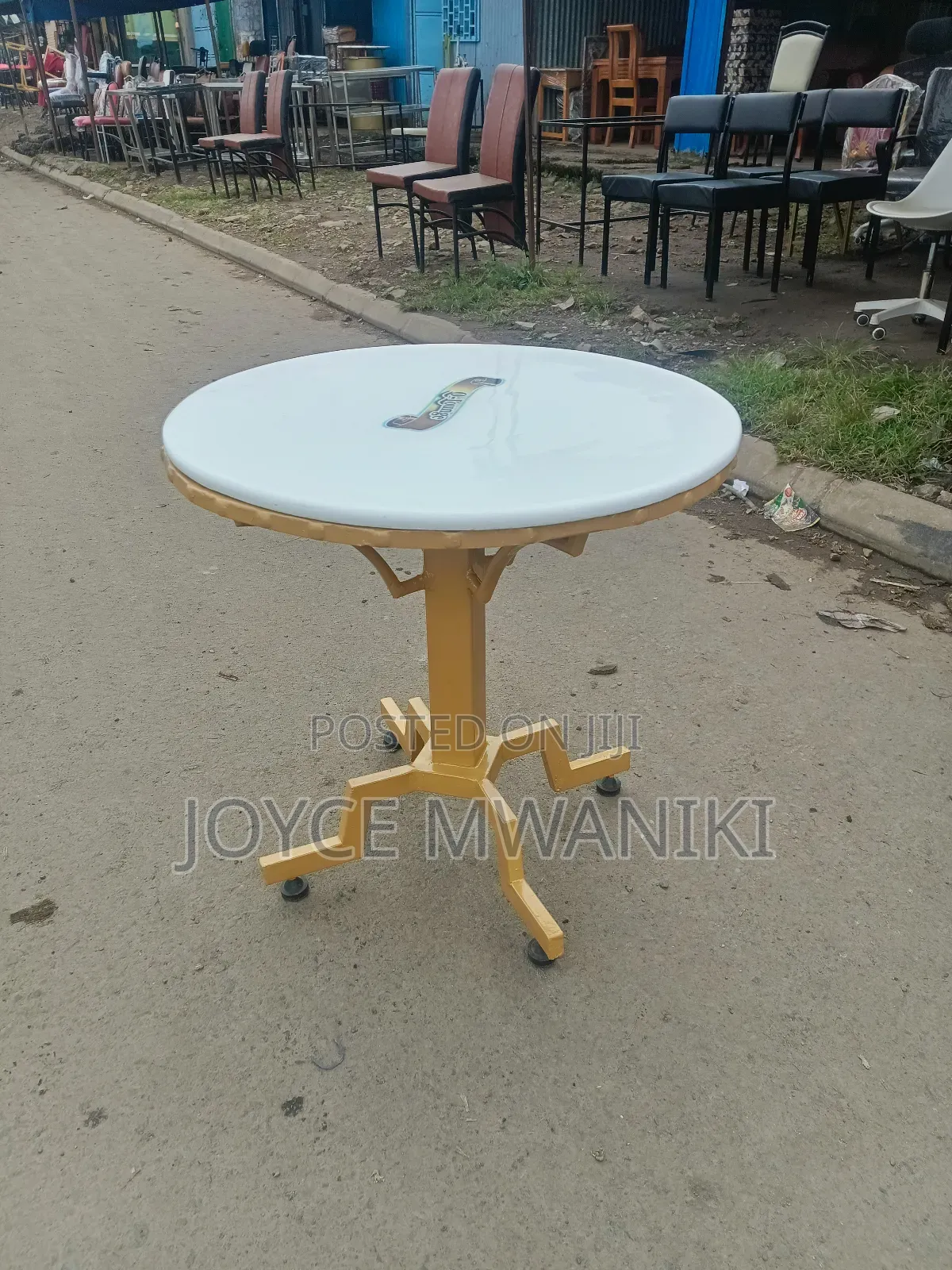 Powder Coated Round Restaurant Table With Logo, White, Gold.