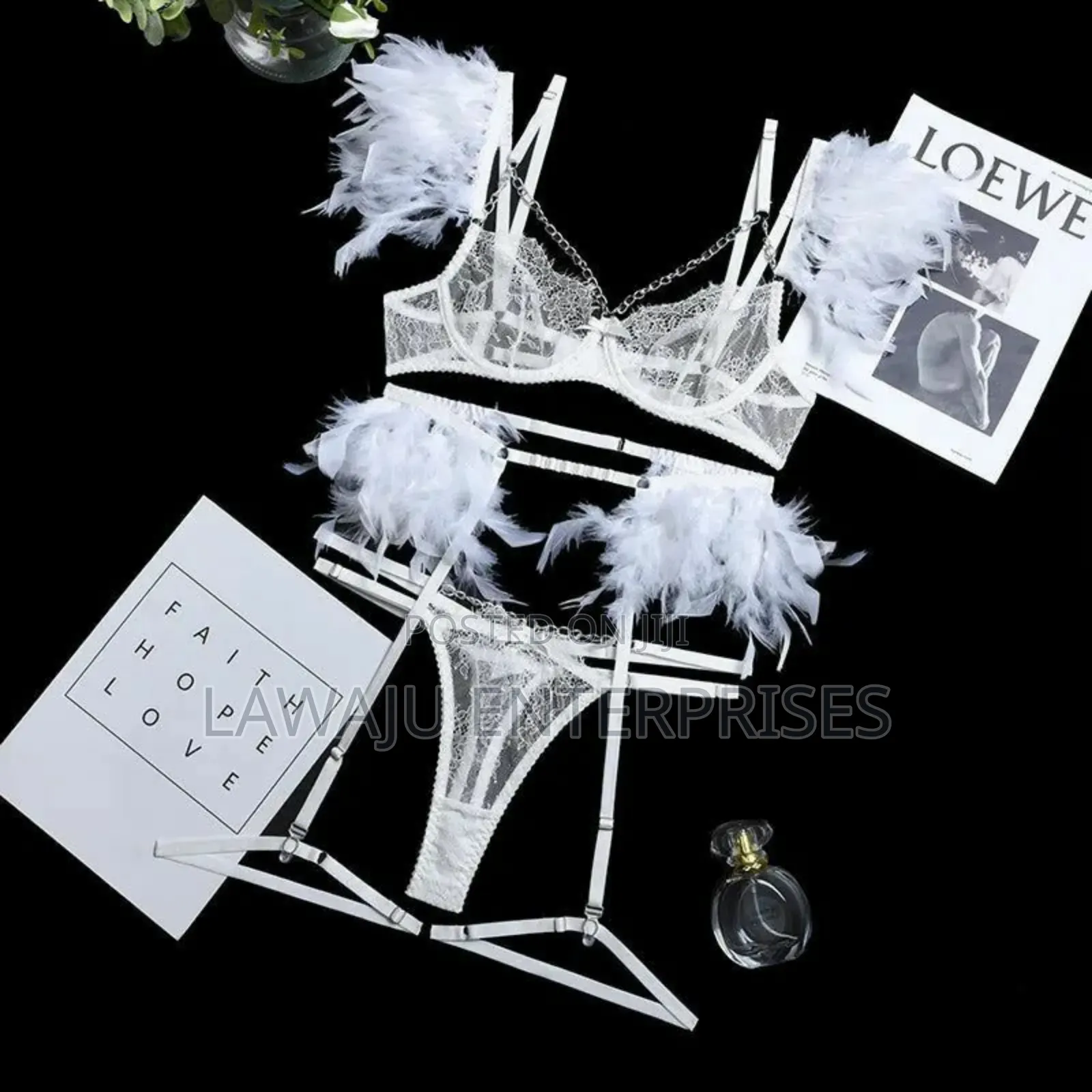 White Lace Feather Lingerie Set
