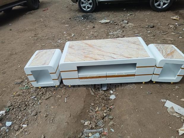 Coffee Table and 2 Stools Gold White Marble Top Brown - main view