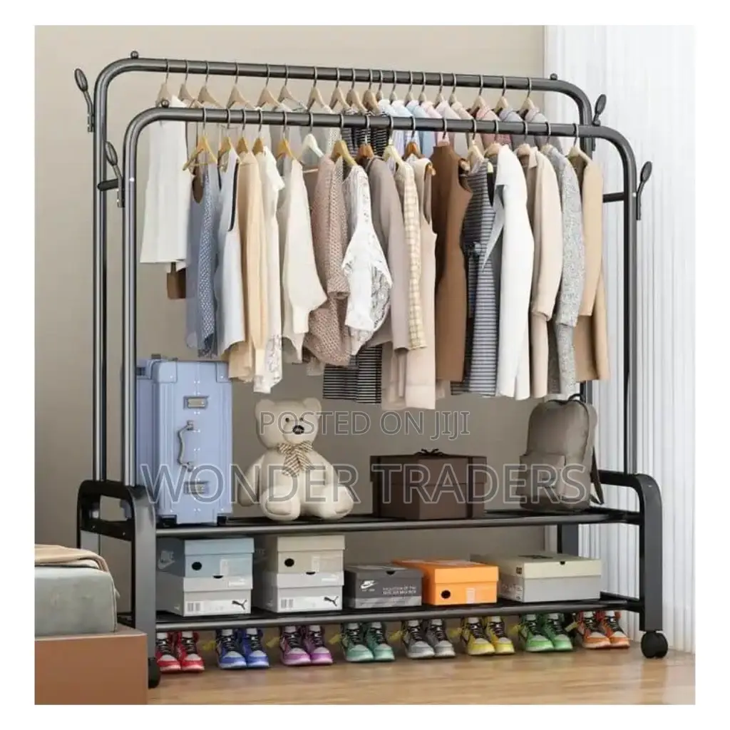 Double Pole Sturdy Cloth Rack With Wheel