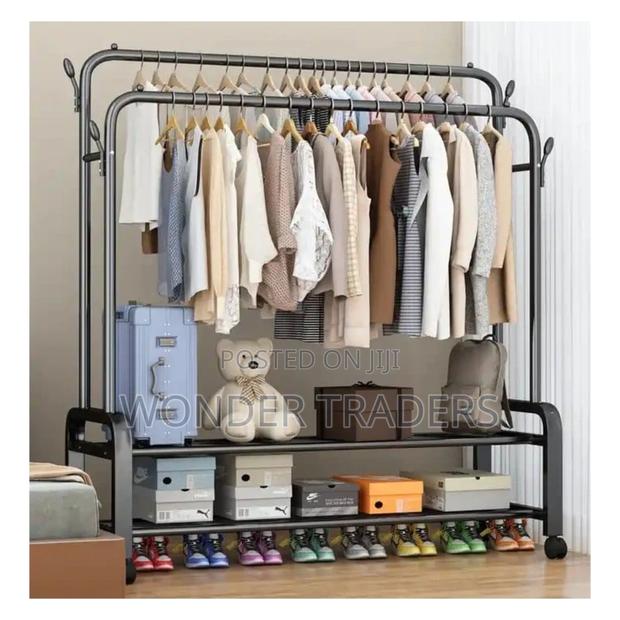 Double Pole Sturdy Cloth Rack With Wheel - main view