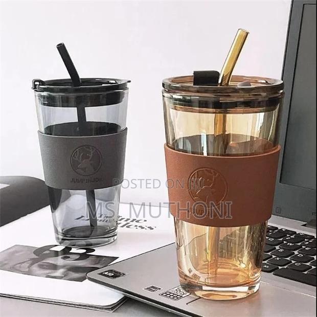 *Glass Tumbler/Cup With Straw Leather Protective Sleeve