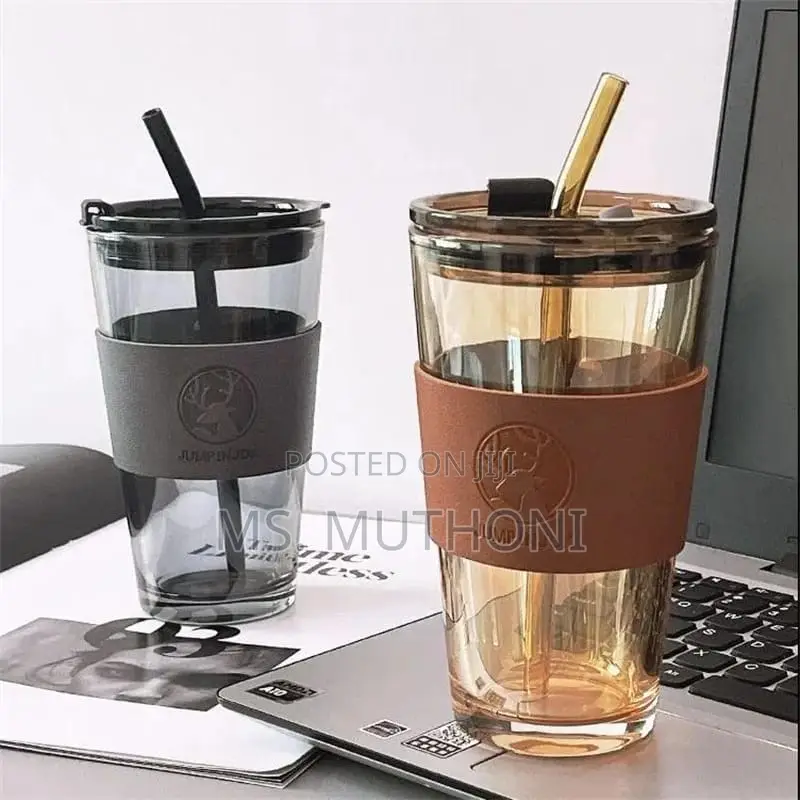 *Glass Tumbler/Cup With Straw Leather Protective Sleeve