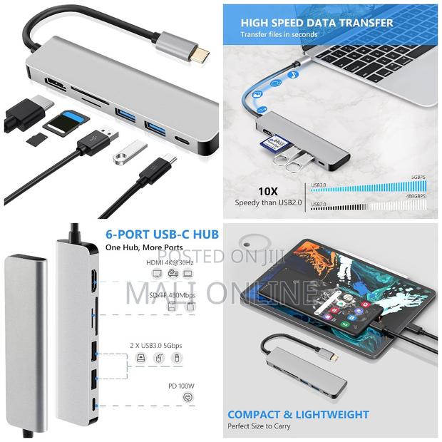 Type-C 6 in 1 USB Hub to Hdmi Multiport Adapter