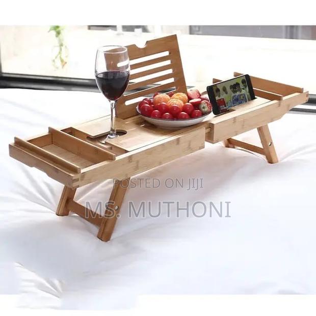 Expandable Bamboo Bathtub Caddy Tray / Breakfast Bed Table - thumbnail 2