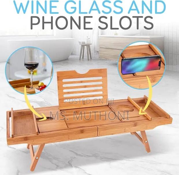 Expandable Bamboo Bathtub Caddy Tray / Breakfast Bed Table - thumbnail 3