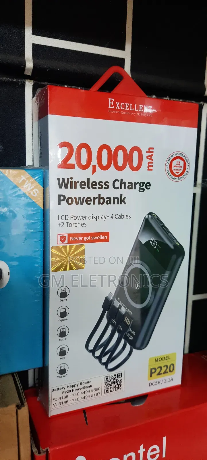 20000mah Wireless Charge Power Bank With Attached Cables.