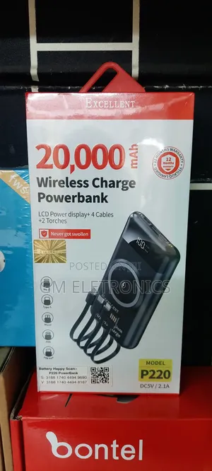 20000mah Wireless Charge Power Bank With Attached Cables.