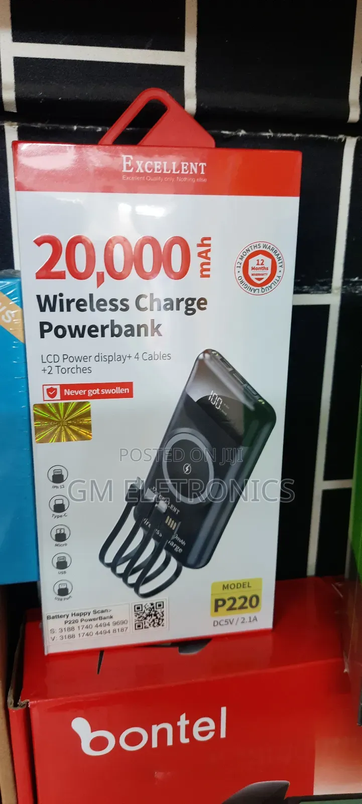 20000mah Wireless Charge Power Bank With Attached Cables.