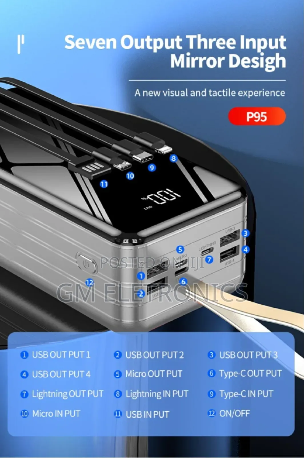 50000 Mah Powerbank 4 Attached Cables+ LED BLG Light.(Black)