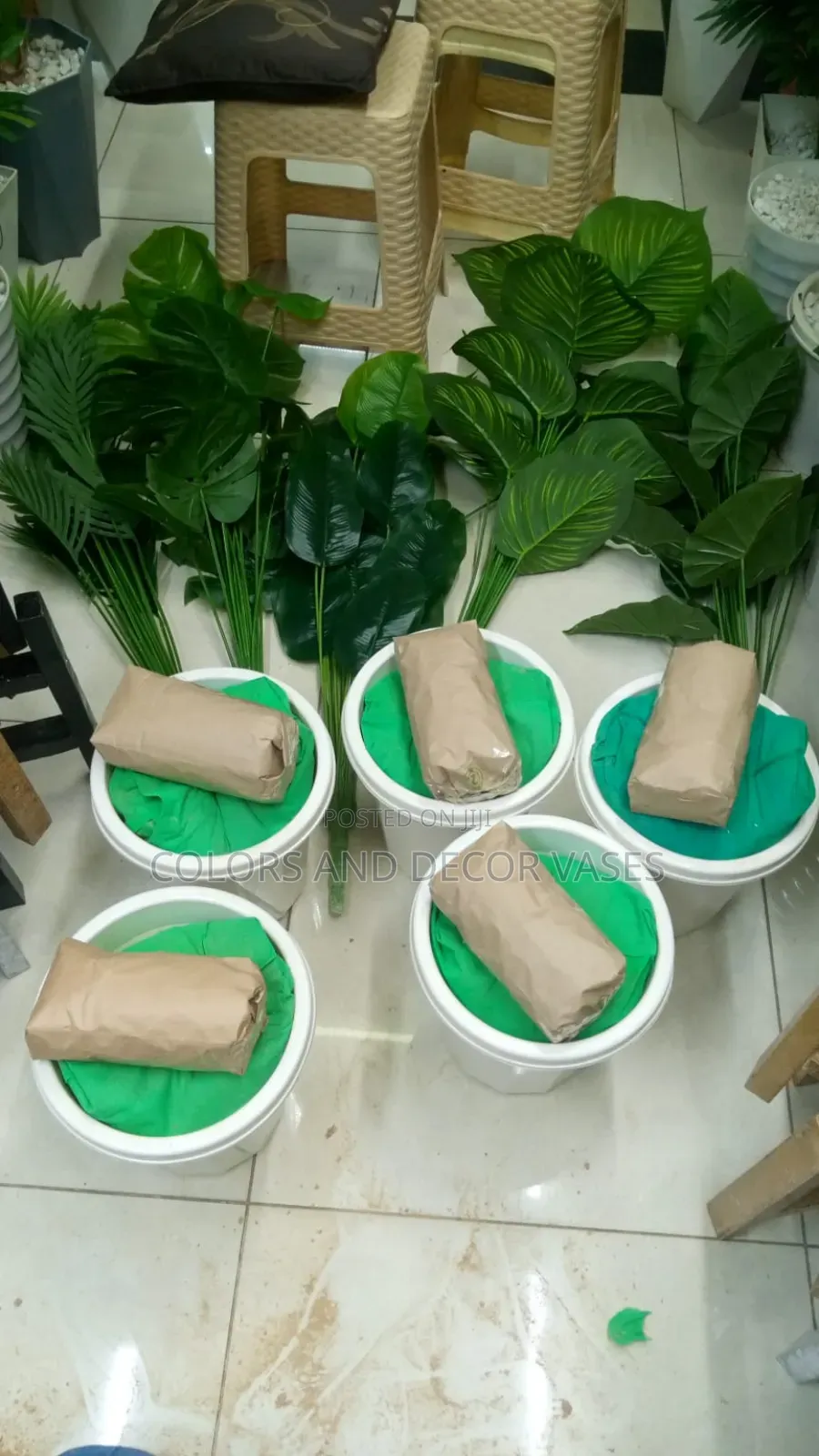 Plastic Vases With Decorative Stones And Plants