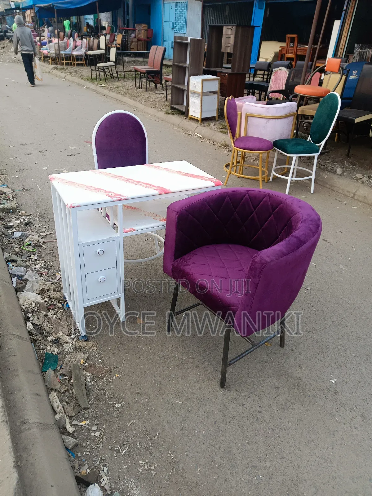 Manicure Set,2 Purple Chairs and Marble Table 
