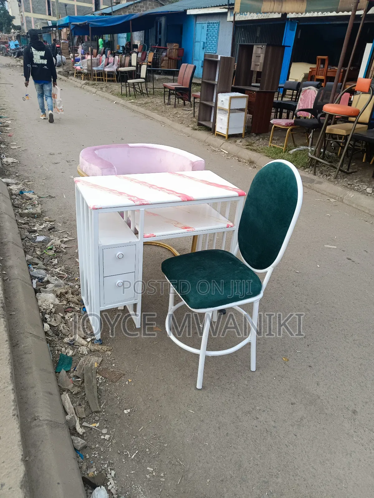 Manicure Set, Marble Table With Pink and Green Seats.