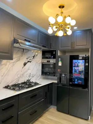 Kitchen Interior Decor, Cabinets, Lights, Walls, Floor Etc