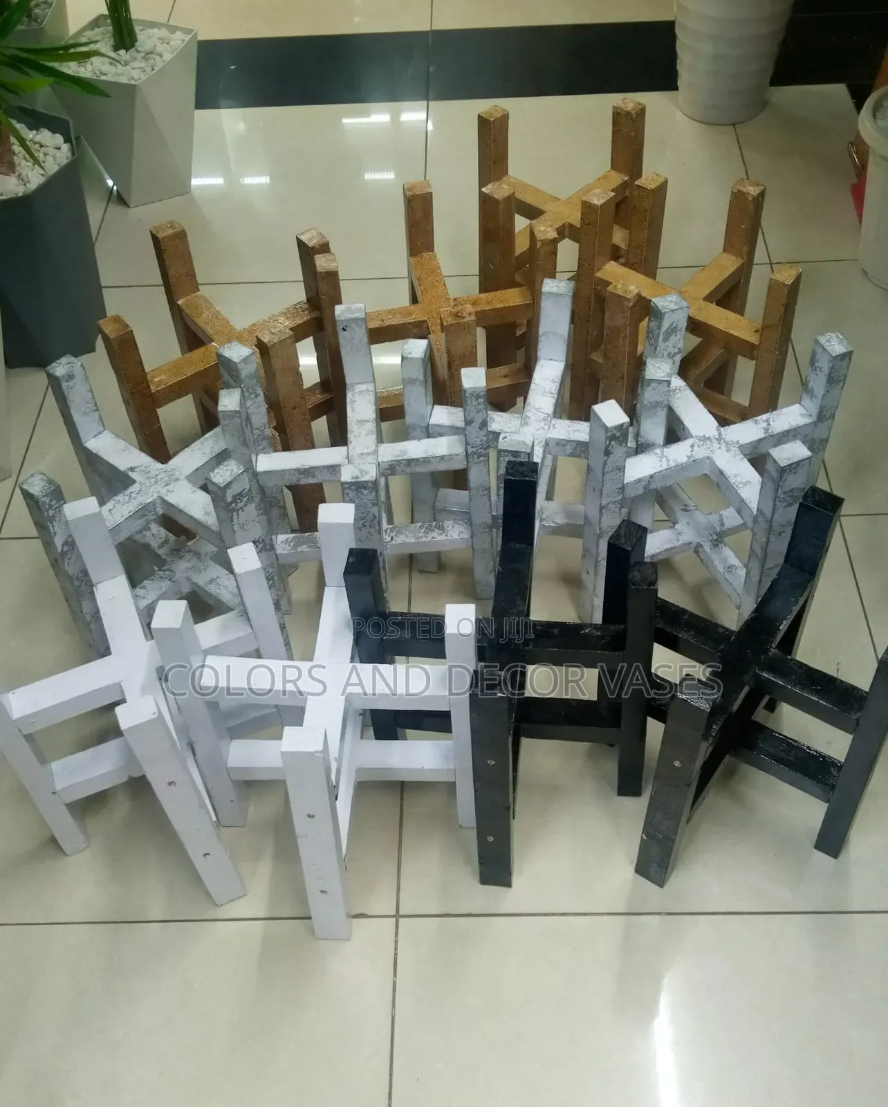 Brown, White and Black Stools Stands for Planters