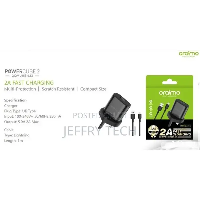 Oraimo OCW-U65S+L53 Efficient and Durable Charger - Black