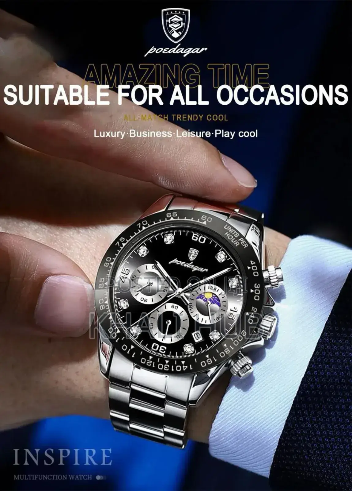 Poedagar Men Chronograph Watch Watch Black Silver Chrono