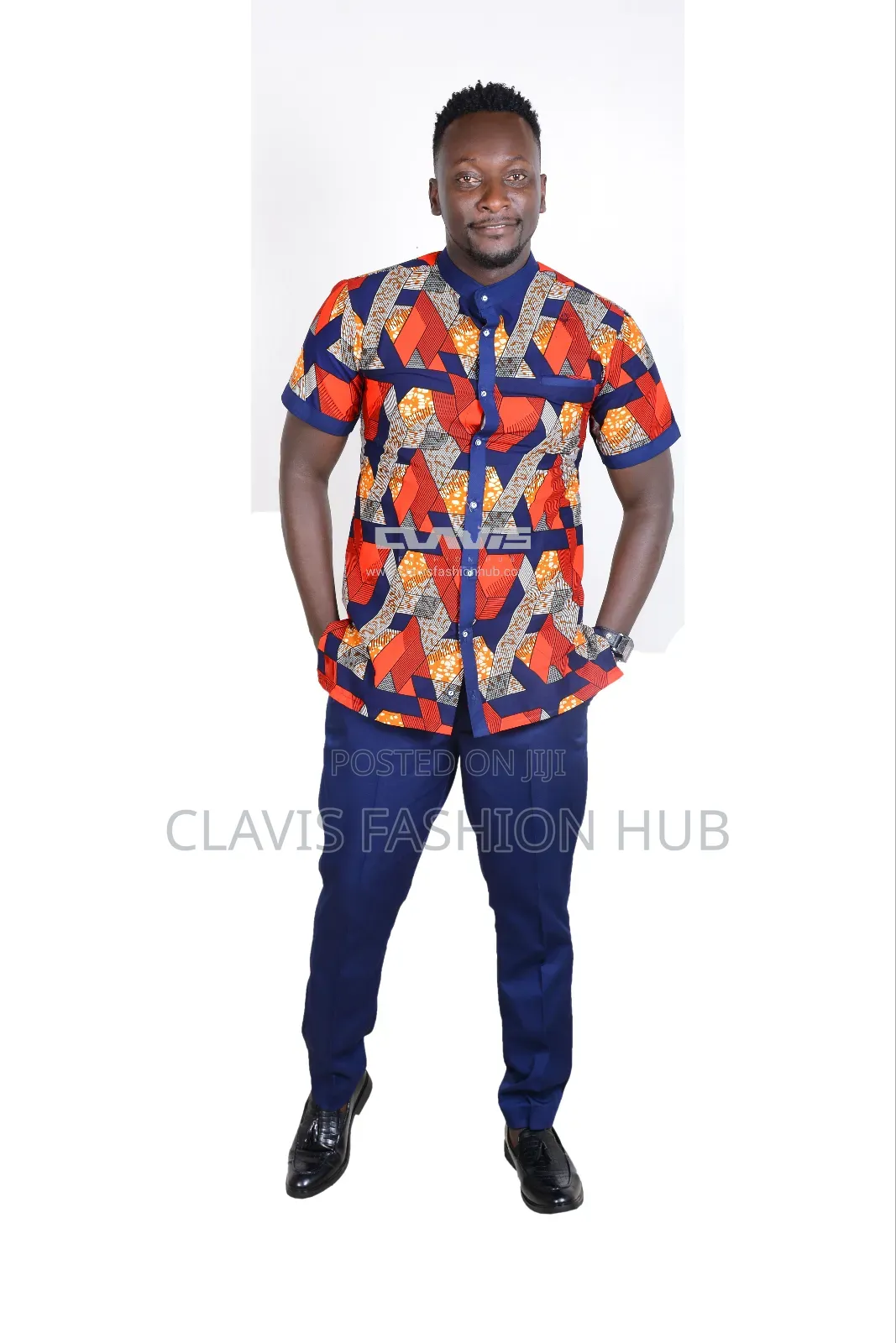 Red Blue Kitenge African Men Shirt + Trouser