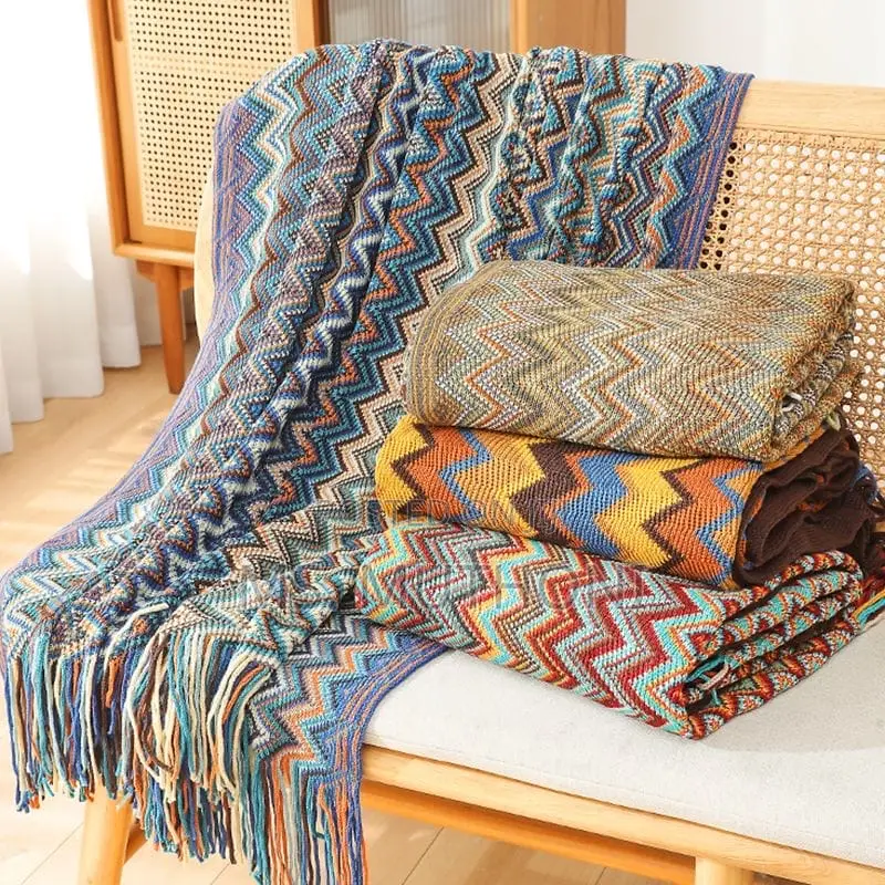 Bohemian Knitted Throw Blanket With Tassel*