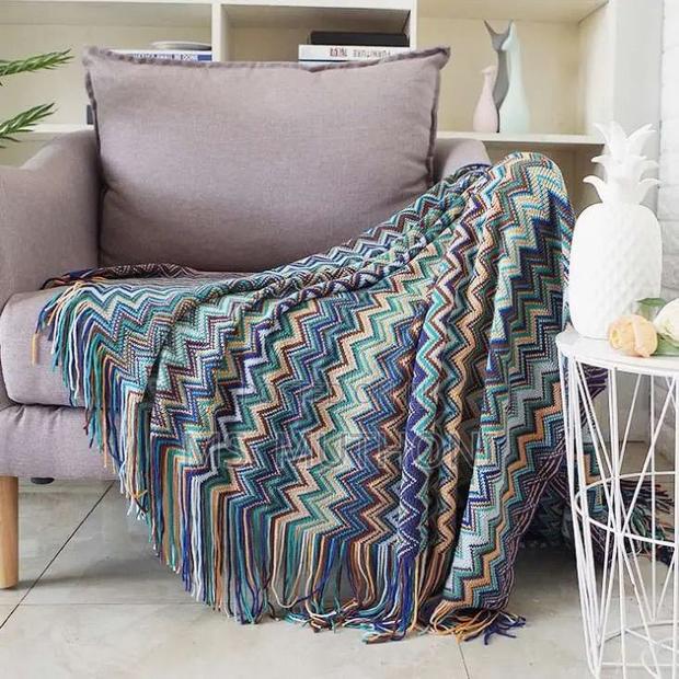 Bohemian Knitted Throw Blanket With Tassel* - thumbnail 4