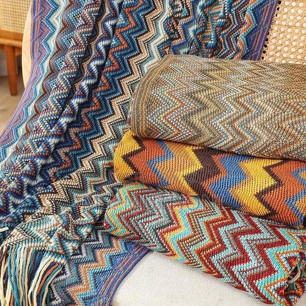 Bohemian Knitted Throw Blanket With Tassel* - thumbnail 3