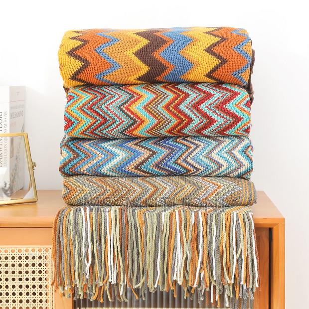Bohemian Knitted Throw Blanket With Tassel* - thumbnail 2