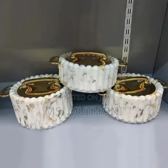 Heavy Unique Marble Insulated Hot Dishes With Golden Lid