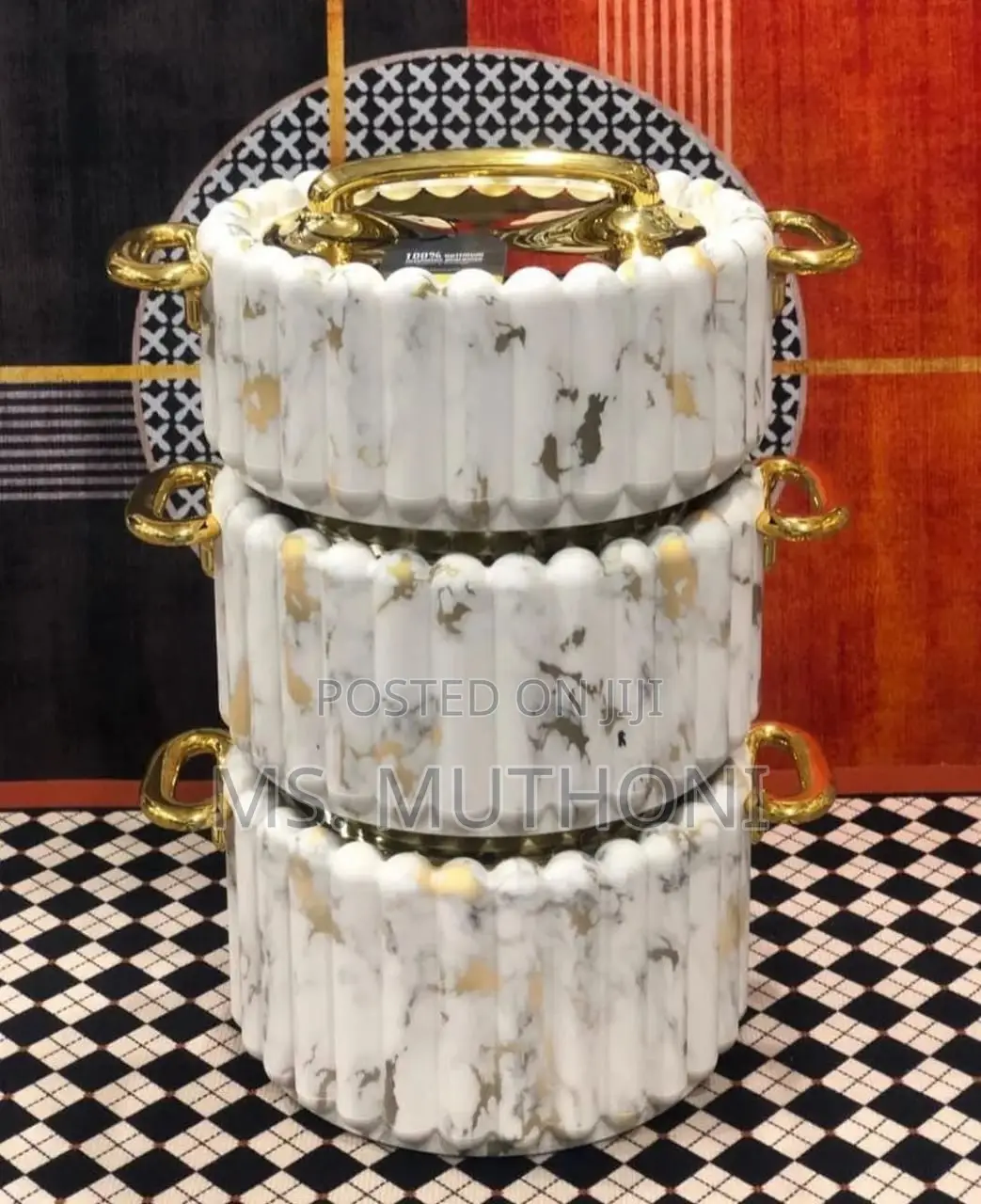 Heavy Unique Marble Insulated Hot Dishes With Golden Lid