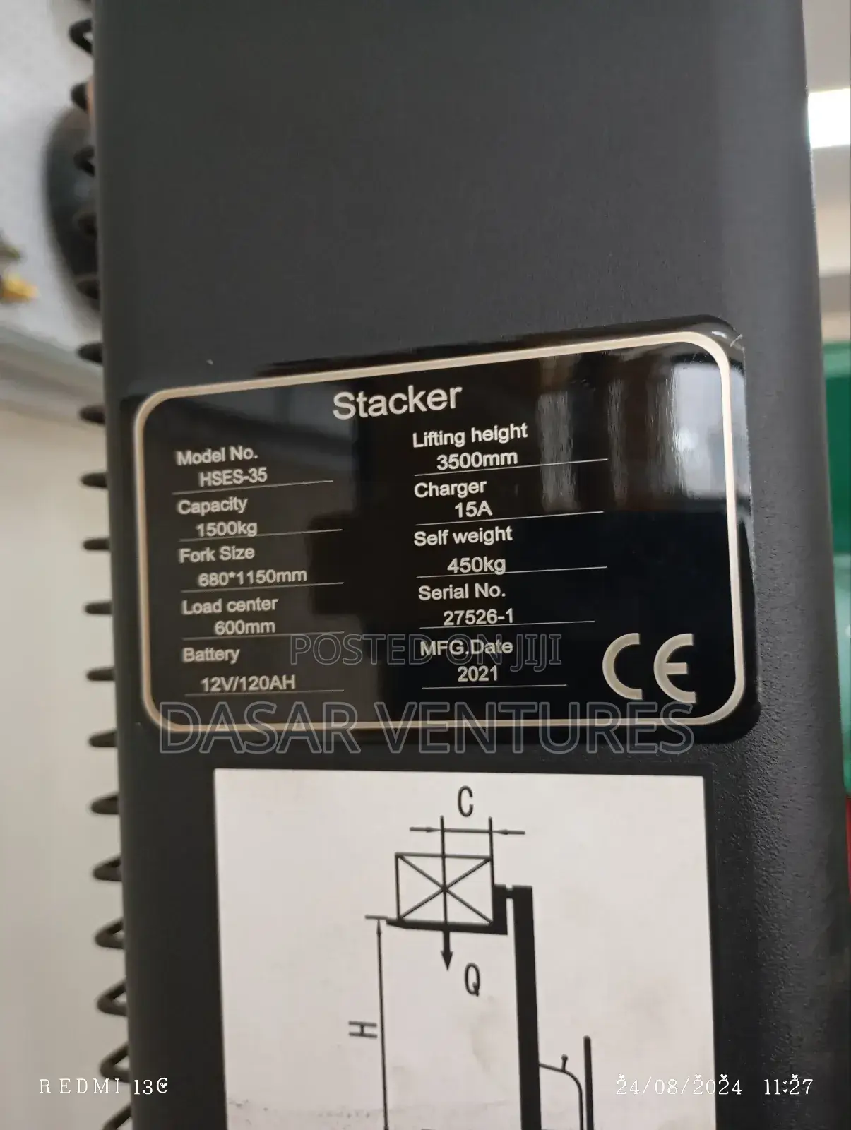 Stacker Semi Electric 1.5tonnes, 3.5m Height