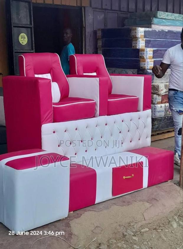 Pedicure Seat, Pink and White With a Big Pouf