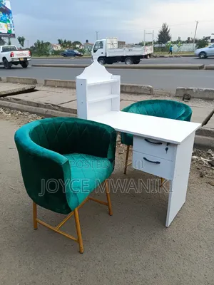 Manicure Set, Green Seats and a White Table 