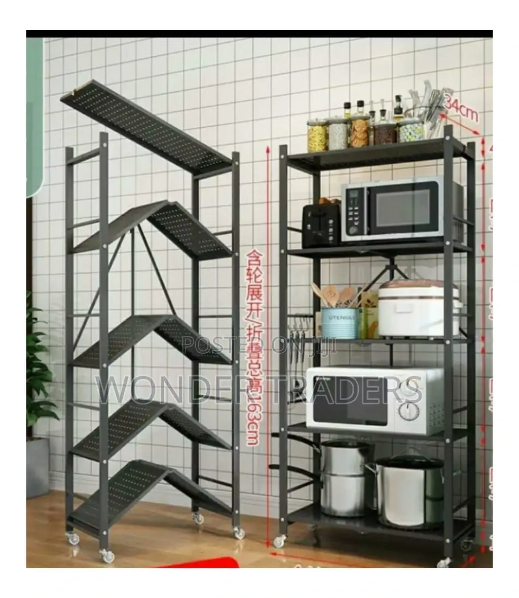 5 Tier Foldable Kitchen Metallic Storage Rack With Wheels