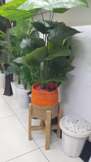 Brown Orange Basket, Brown Stand and Green Plant