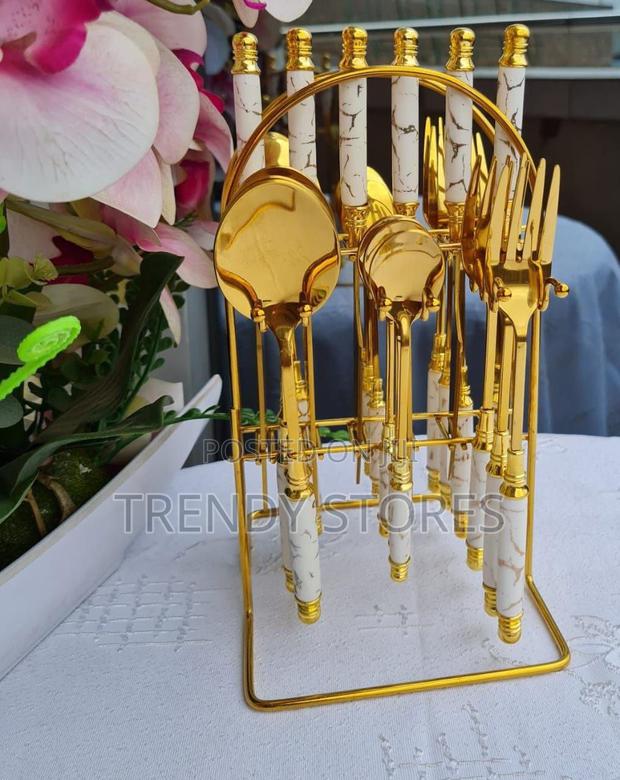 24 PCS Gold White Marble Cutlery Set - main view