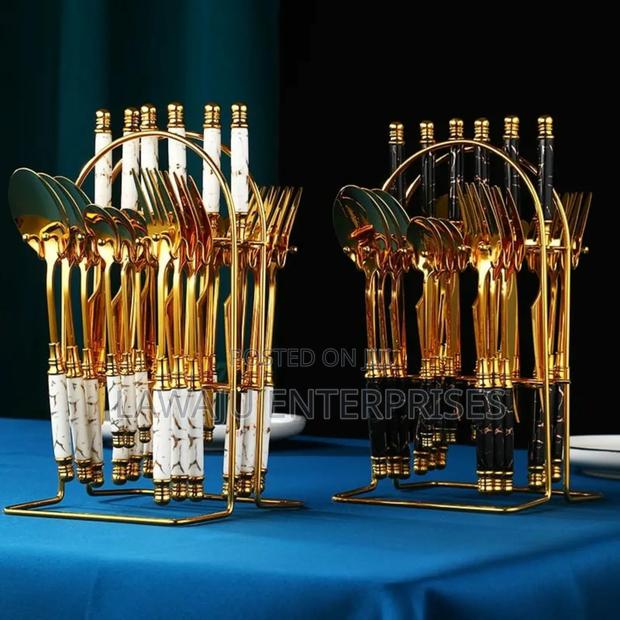 24 PCS Ceramic Handle Golden Cutlery Set
