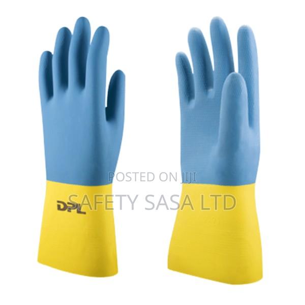 Bi Color Flocked Lined Natural Rubber Gloves - main view